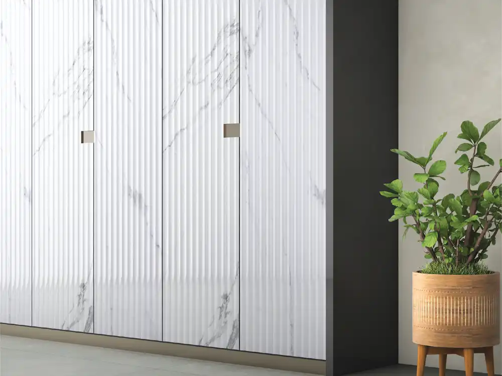 Bedroom headboard wall with louver panels